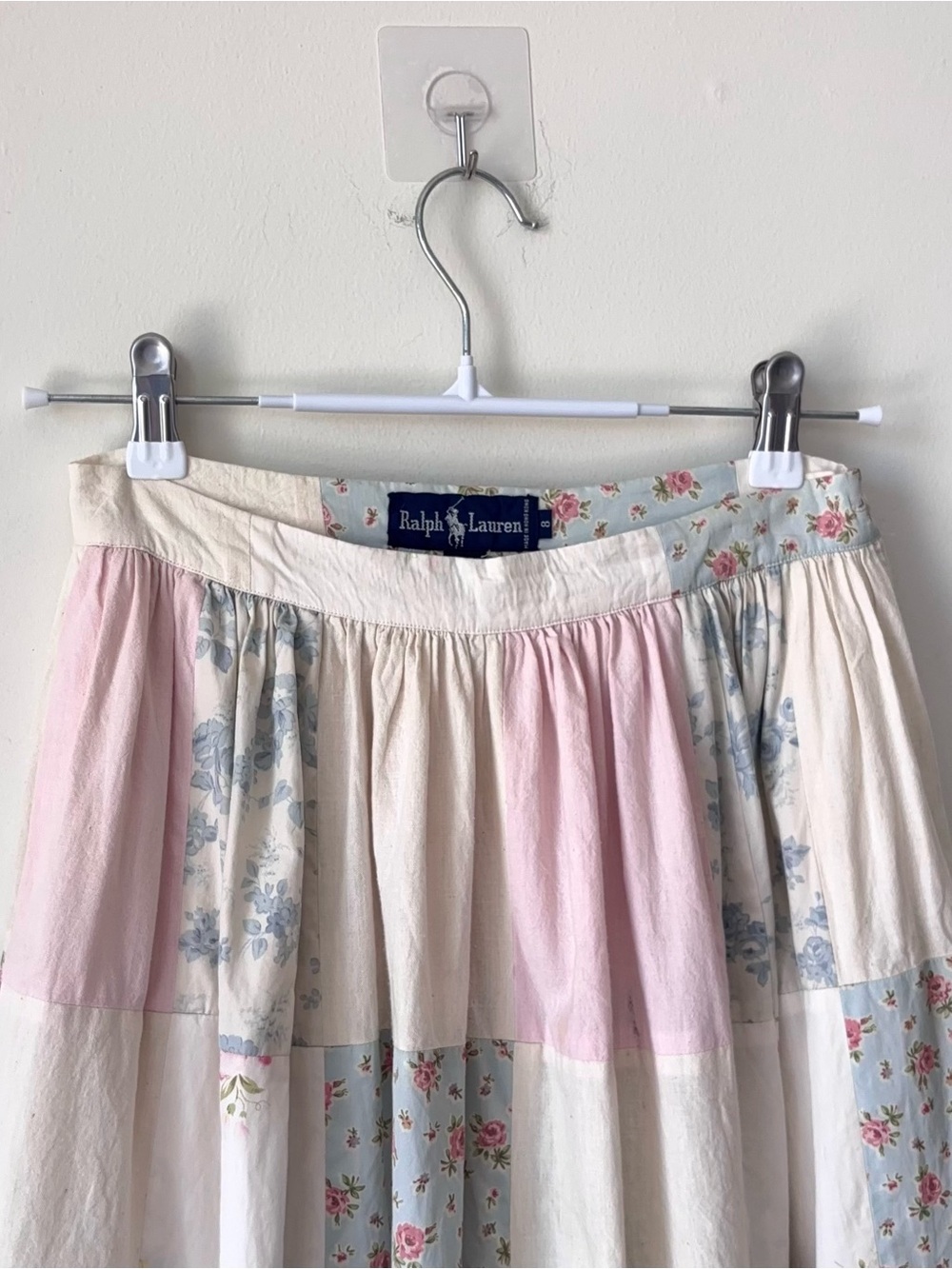 Vintage 80s Ralph Lauren Patchwork Quilt Skirt Size 8 Floral Pastel Blue Label - Picture 2 of 15